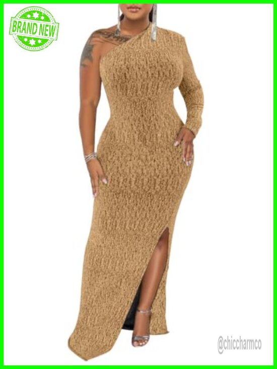 Dresses & Skirts - Women's One Shoulder Sequin Maxi Dress Long Sleeve High Slit Formal